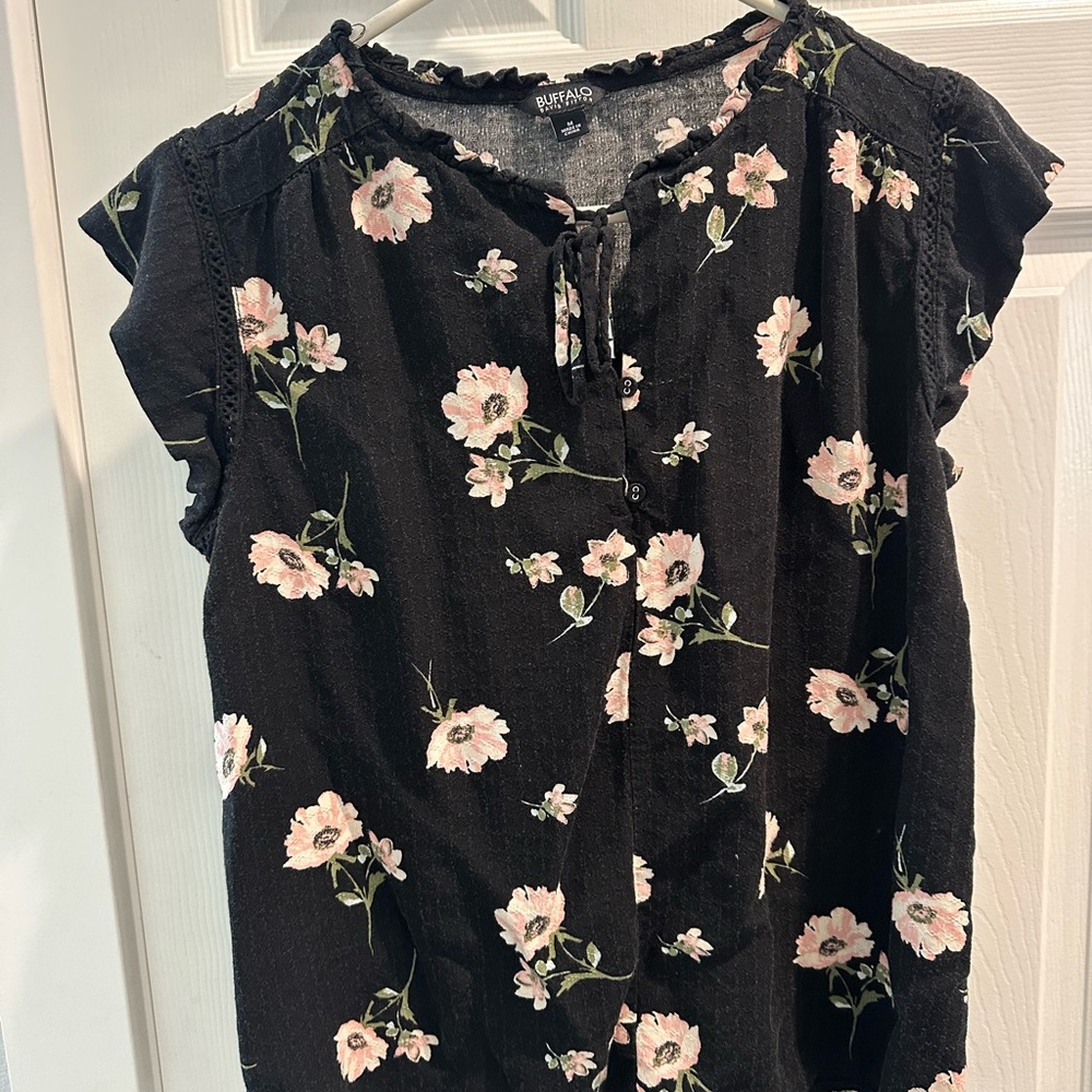 Buffalo David Bitton Black Blouse with Pink Floral Print